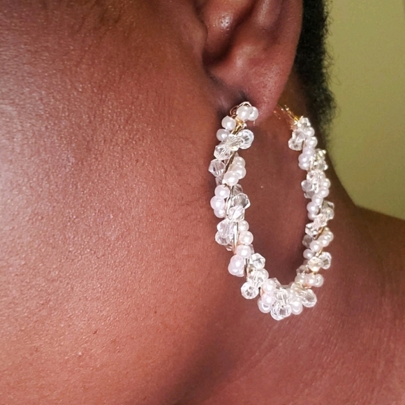 Gold hoop earrings Beaded Statement Boho faux Pearl chunky twist 💖2/$30 - Picture 3 of 14